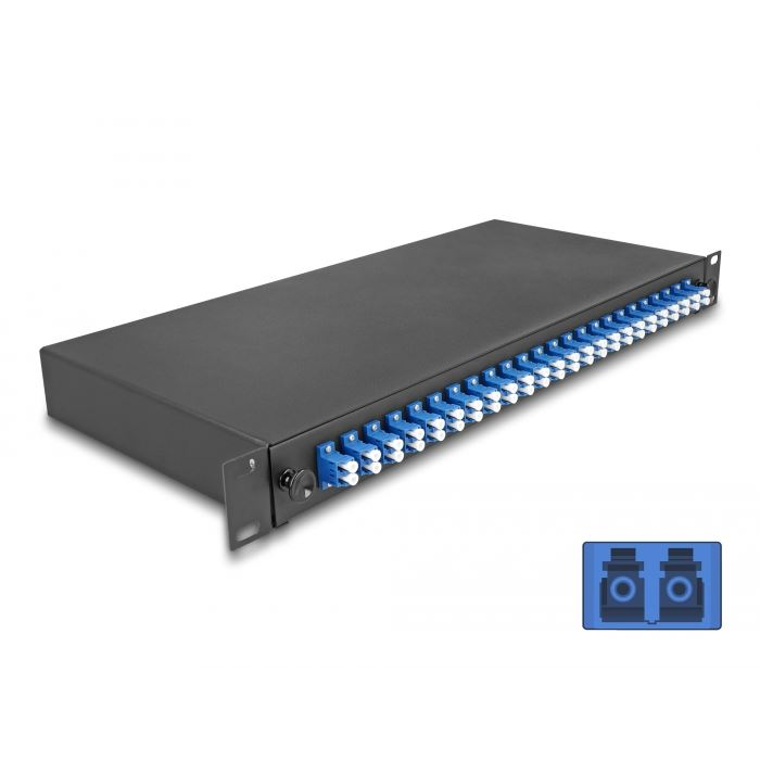 Delock 19” hosszú sínekbe rögzítéshez optikai szálösszefűző doboz, 24db LC Duplex OS2 1U, kompletten összeszerelve (67009) (delock67009)