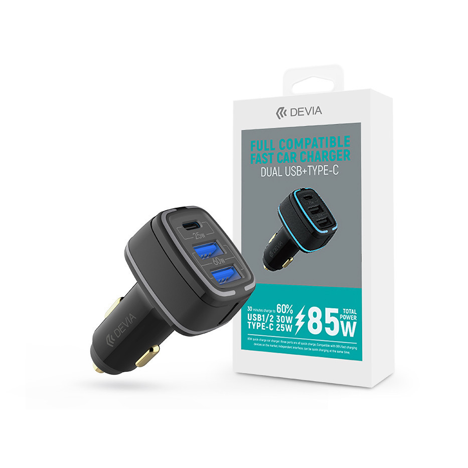 Devia szivargyújtós töltő adapter 2xUSB + Type-C bemenettel - 85W - Devia Extreme Speed Dual USB + Type-C Full Compatible Fast Car Charger - black (ST351761)