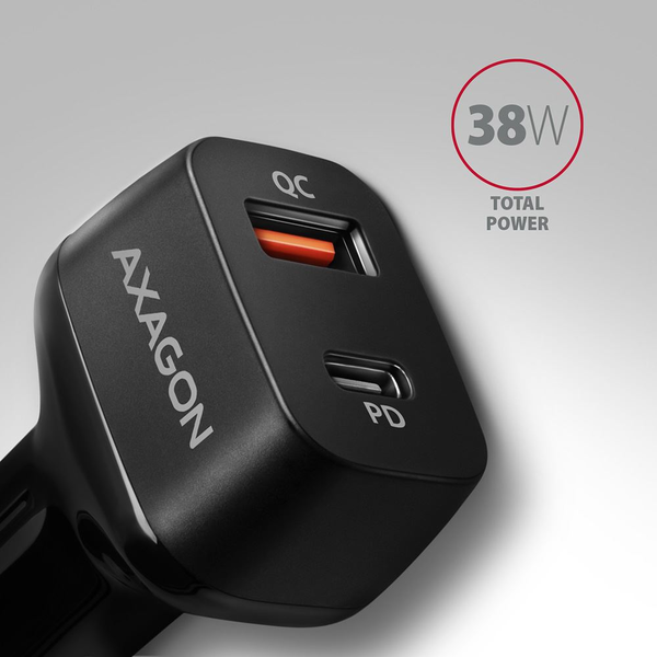 Зарядно за кола Axagon, двойно USB, 5V 3.6A, 1A, 38W, черно