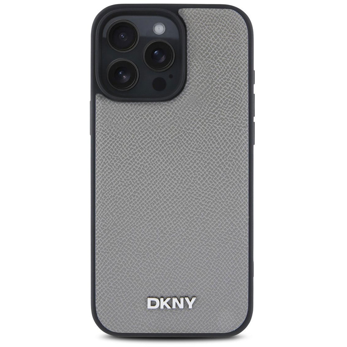 DKNY Silver Metal Logo iPhone 16 Pro szürke PU bőr Magsafe tok (DKHMP16LPGHLMS)
