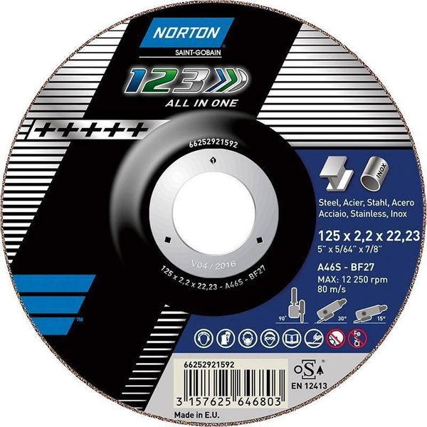  Norton Clipper Tarcza przecinająca i szlifująca A46S-125x2.2x22.2-T27 NORTON 1 2 3