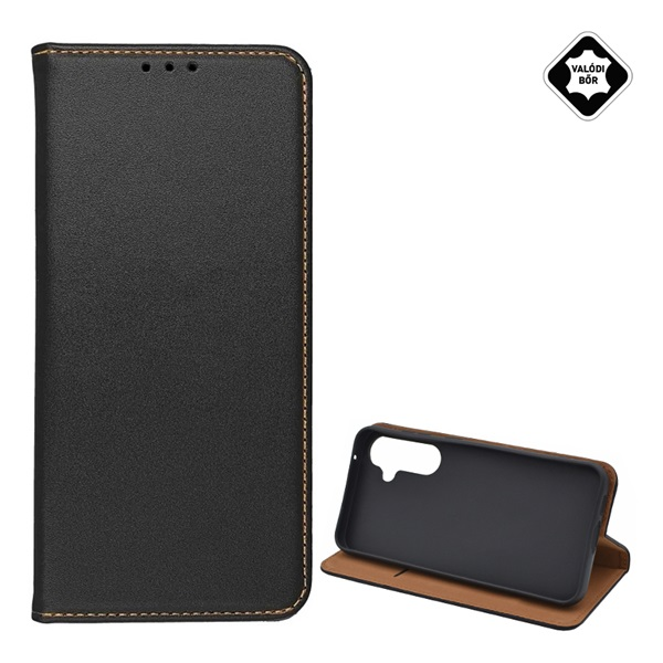 Tok álló, valódi bőr (FLIP, oldalra nyíló, asztali tartó) FEKETE Samsung Galaxy A55 5G (SM-A556) 