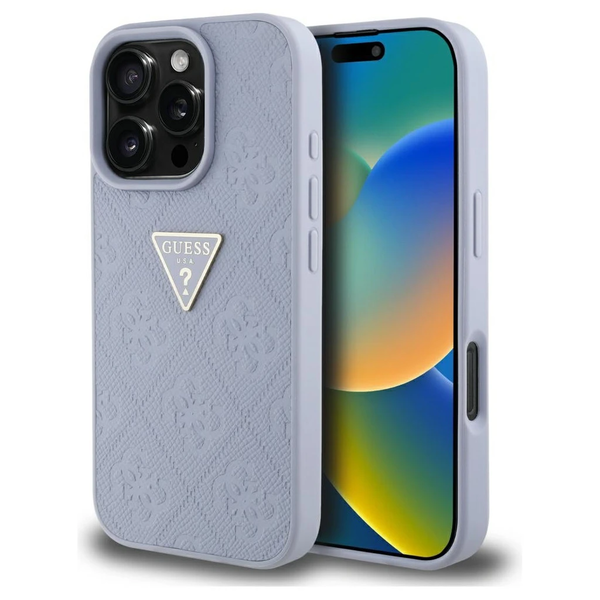 Tok Guess Hot Stamp 4G Pattern Triangle Metal Logo iPhone 16 Pro készülékhez lila