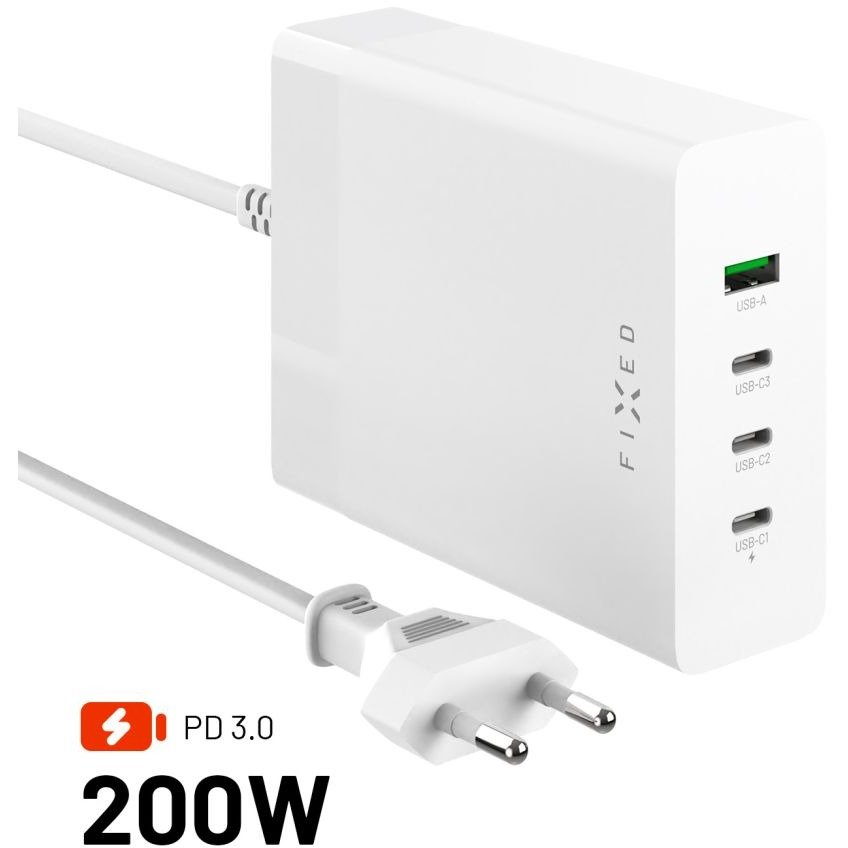 FIXED Töltőállomás 3× USB-C és USB kimenettel, PD 3.0 200W támogatás, fehér (FIXCG200-3C1A-WH)