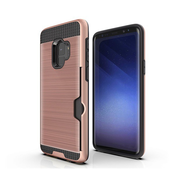 Műanyag telefonvédő (szilikon belső, közepesen ütésálló, bankkártya tartó, szálcsiszolt minta) ROZÉARANY [Samsung Galaxy S9 (SM-G960)] (5996457751709)