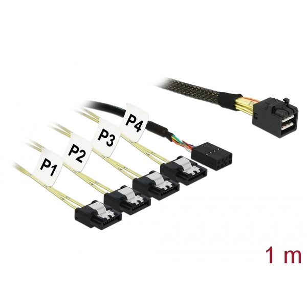 Adapterkabel Mini SAS HD SFF-8643 > 4x SATA 7Pin (schwarz, 1 Meter, mit Sideband)