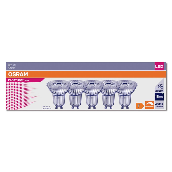 Комплект от 5 LED крушки, Osram, GU10, 4.5W = 50W, 350 lm, 3000 K, Топло бяло