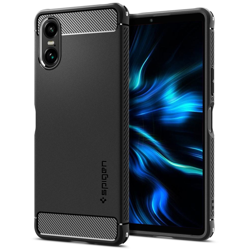 Sony Xperia 10 VI, Szilikon tok, Spigen Rugged Armor, karbon minta, fekete (RS158226)