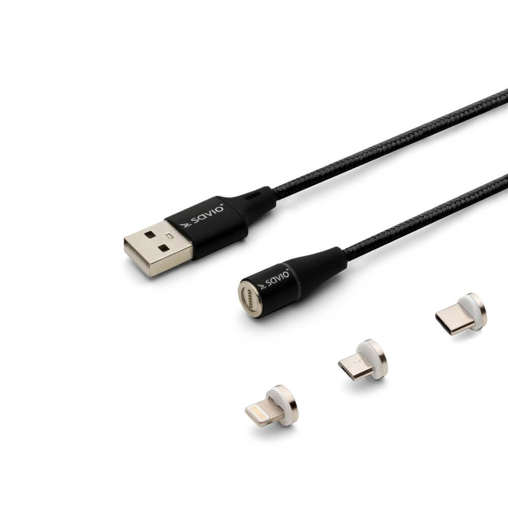Savio 3az1-ben USB C-Micro USB-Lightning mágneses kábel 2m fekete (CL-155) (CL-155)