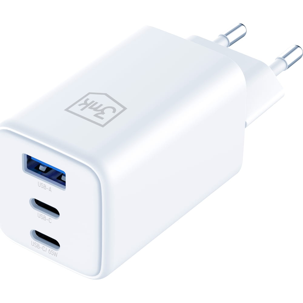 3mk Hyper GaN USB Type-A / 2 x USB Type-C Hálózati gyorstöltő 65W - Fehér (5903108640107)