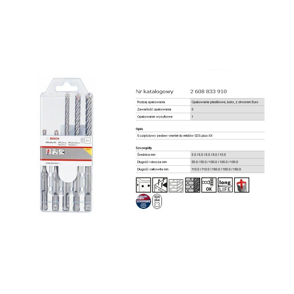 Bosch 2608833910 5 részes SDS-plus-5X kalapácsfúró-készlet 5; 6; 6; 8; 10 mm (2608833910)