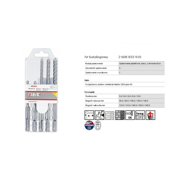 Bosch 2608833910 5 részes SDS-plus-5X kalapácsfúró-készlet 5; 6; 6; 8; 10 mm