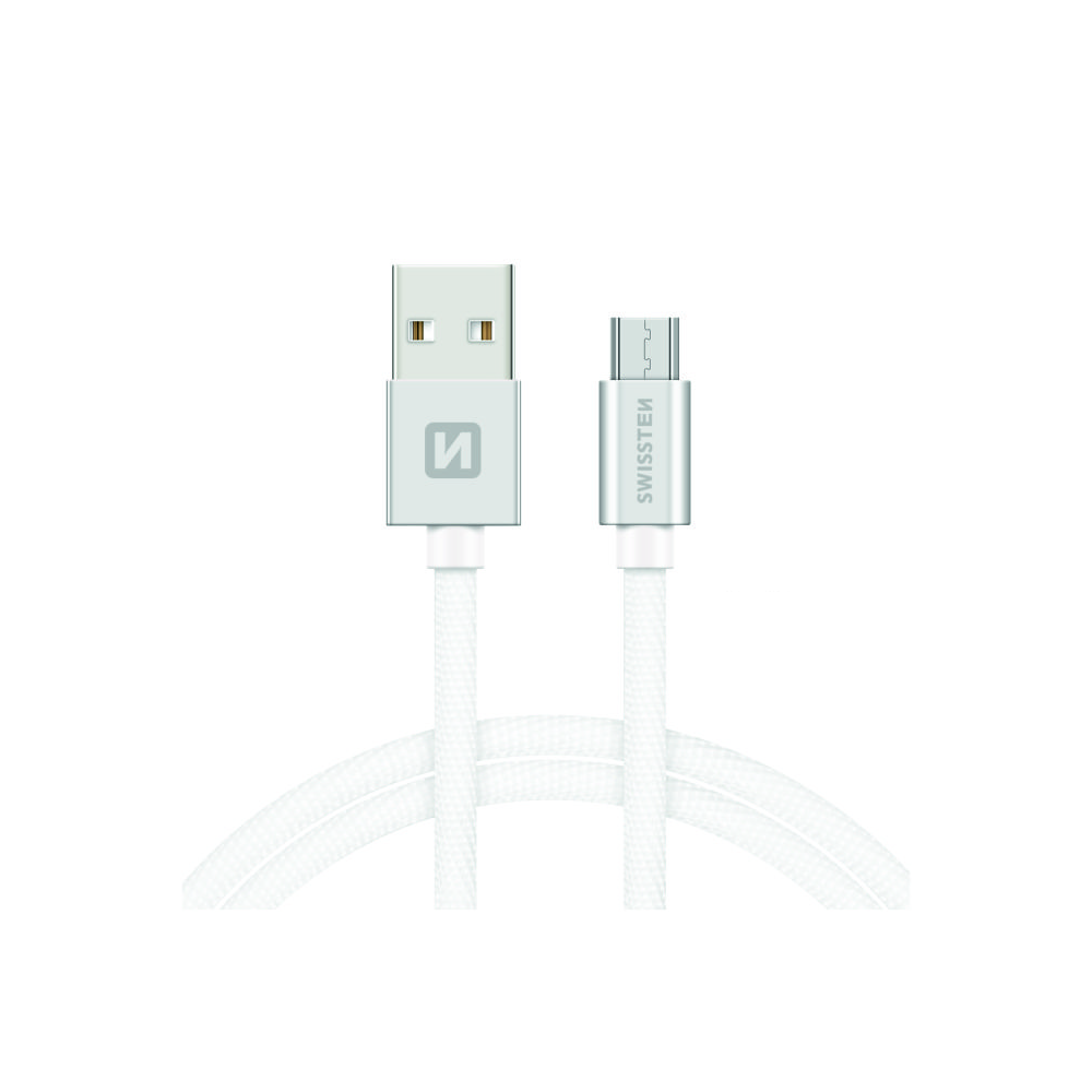 Swissten 71522203 Textile USB Type-A apa - Micro USB Type-B apa Adat és töltő kábel - Fehér/Ezüst (1.2m) (SW-QU-MICR-USB-1.2M-SI)