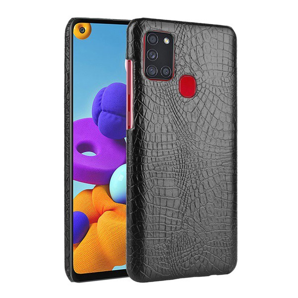 Műanyag telefonvédő (bőr hatású, krokodilbőr minta) FEKETE [Samsung Galaxy A21s (SM-A217F)] (5996457978366)