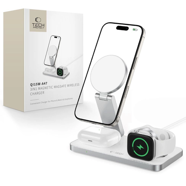 Ładowarka bezprzewodowa 3w1 Tech-Protect QI15W-A47 3in1 Magnetic MagSafe Wireless Charger White