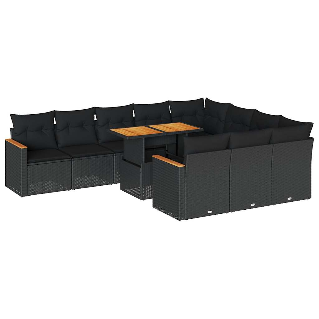 11 részes fekete polyrattan akácfa kerti ülőgarnitúra párnákkal (3327534)