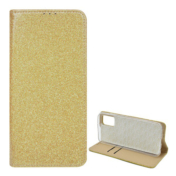 Tok álló, bőr hatású (FLIP, szilikon belső, oldalra nyíló, asztali tartó funkció, bankkártya tartó, csillogó) ARANY [Samsung Galaxy A72 5G (SM-A726F)] (5996591033105)