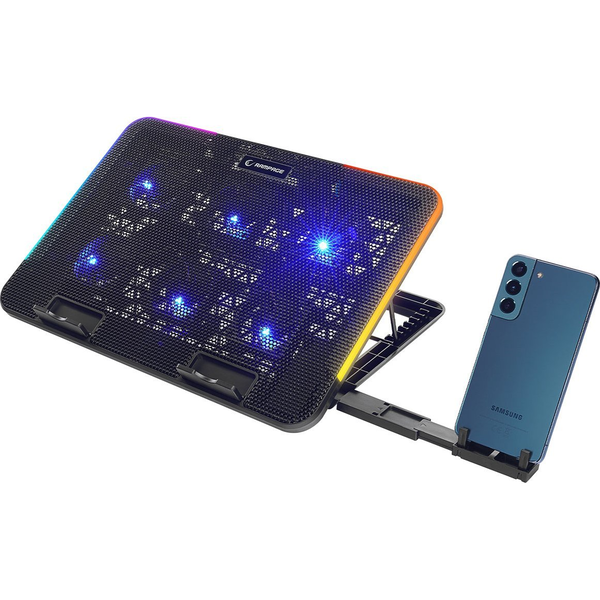 Rampage Notebook Hűtőpad 15,6"-ig - SIXPOWER R9 (fém rács; 6xventi, RGB, 2xUSB-A, kék LED)