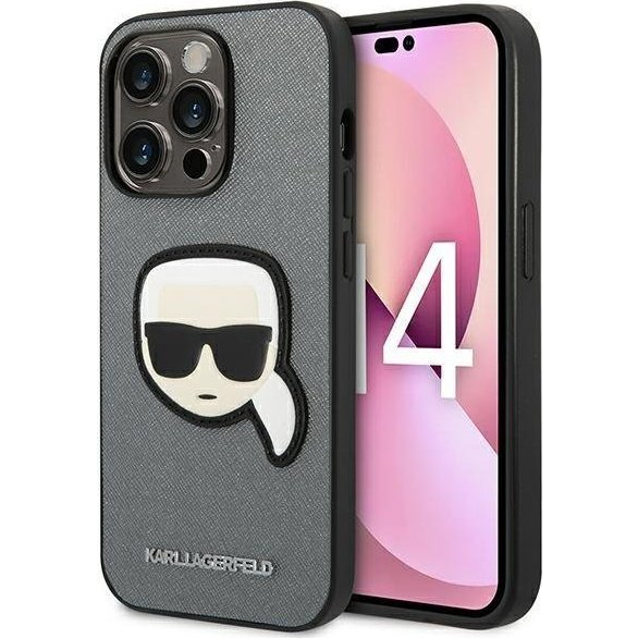 Karl Lagerfeld Saffiano Karl`s Head Patch Apple iPhone 14 Pro Max hátlap tok, ezüst (KLHCP14XSAPKHG)