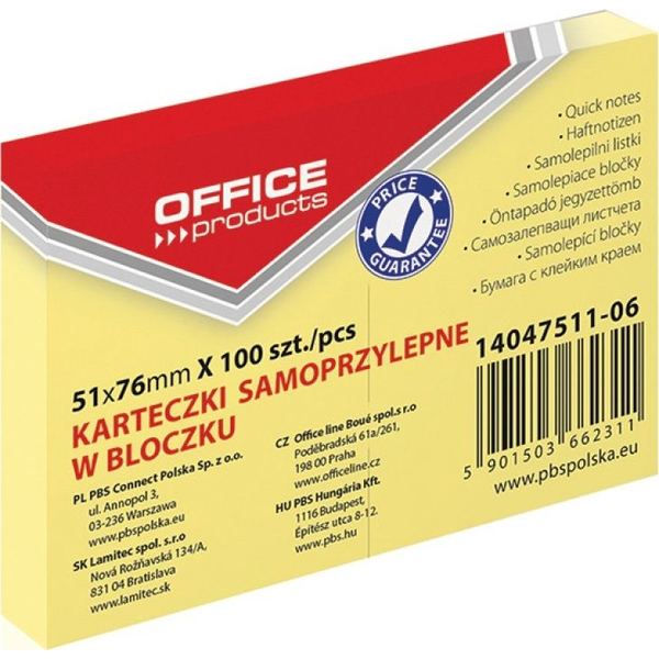  Office Products Bloczek samoprzylepny OFFICE PRODUCTS, 51x76mm, 1x100 kart., pastel, jasnożółty
