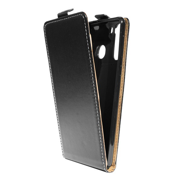 Tok álló, bőr hatású (FLIP, lefelé nyíló, szilikon tartó) FEKETE [Samsung Galaxy A21 (SM-A210F)] (5996457948437)