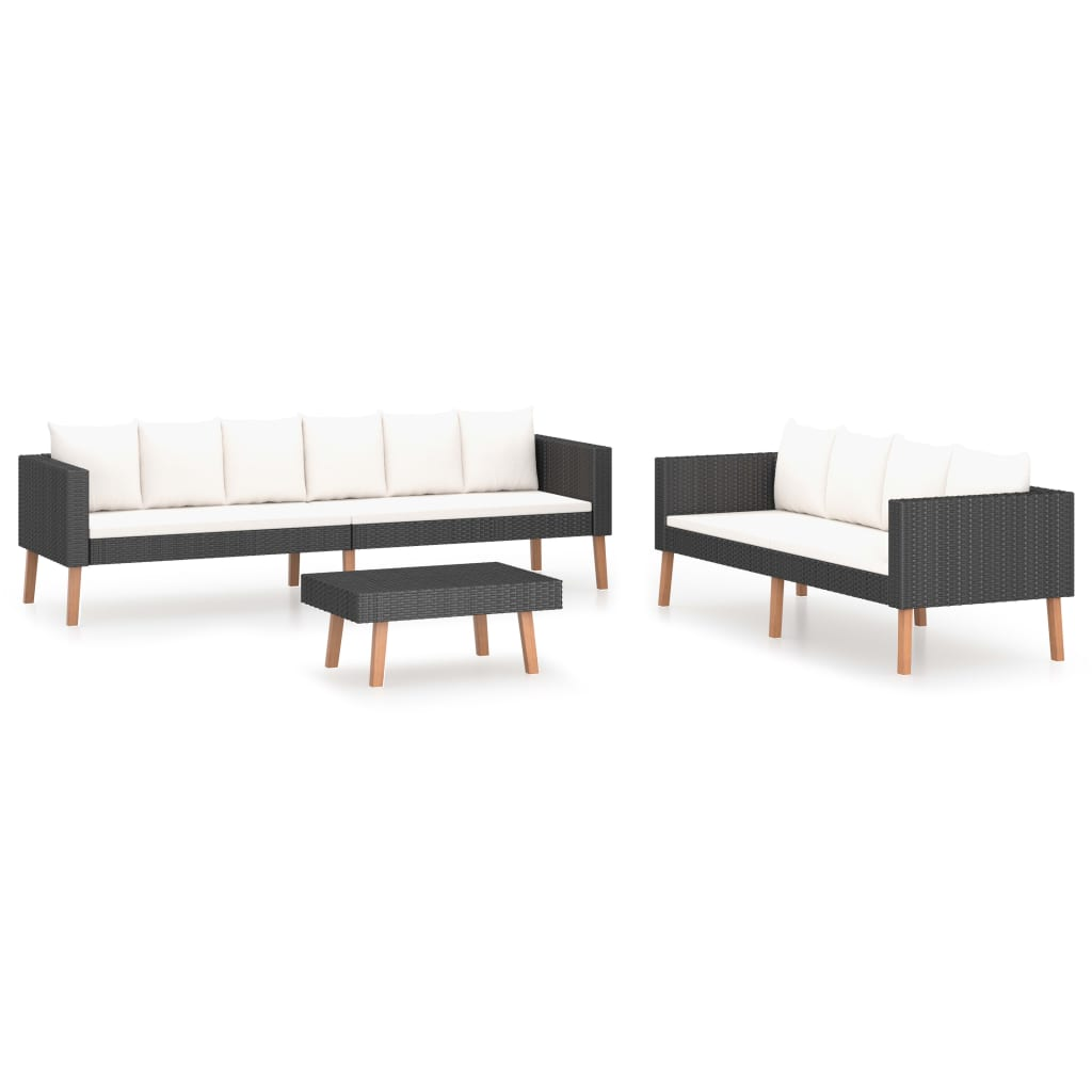 3 részes fekete polyrattan kerti ülőgarnitúra párnákkal (3059337)