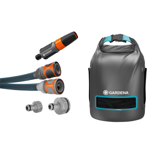 Комплект градински маркуч Gardena Liano Xtreme, 15 м, текстил, черен/оранжев, с чанта за съхранение