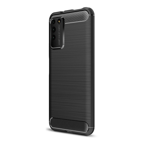 Szilikon telefonvédő (közepesen ütésálló, légpárnás sarok, szálcsiszolt, karbon minta) FEKETE [Honor X10 5G] (5996457992287)