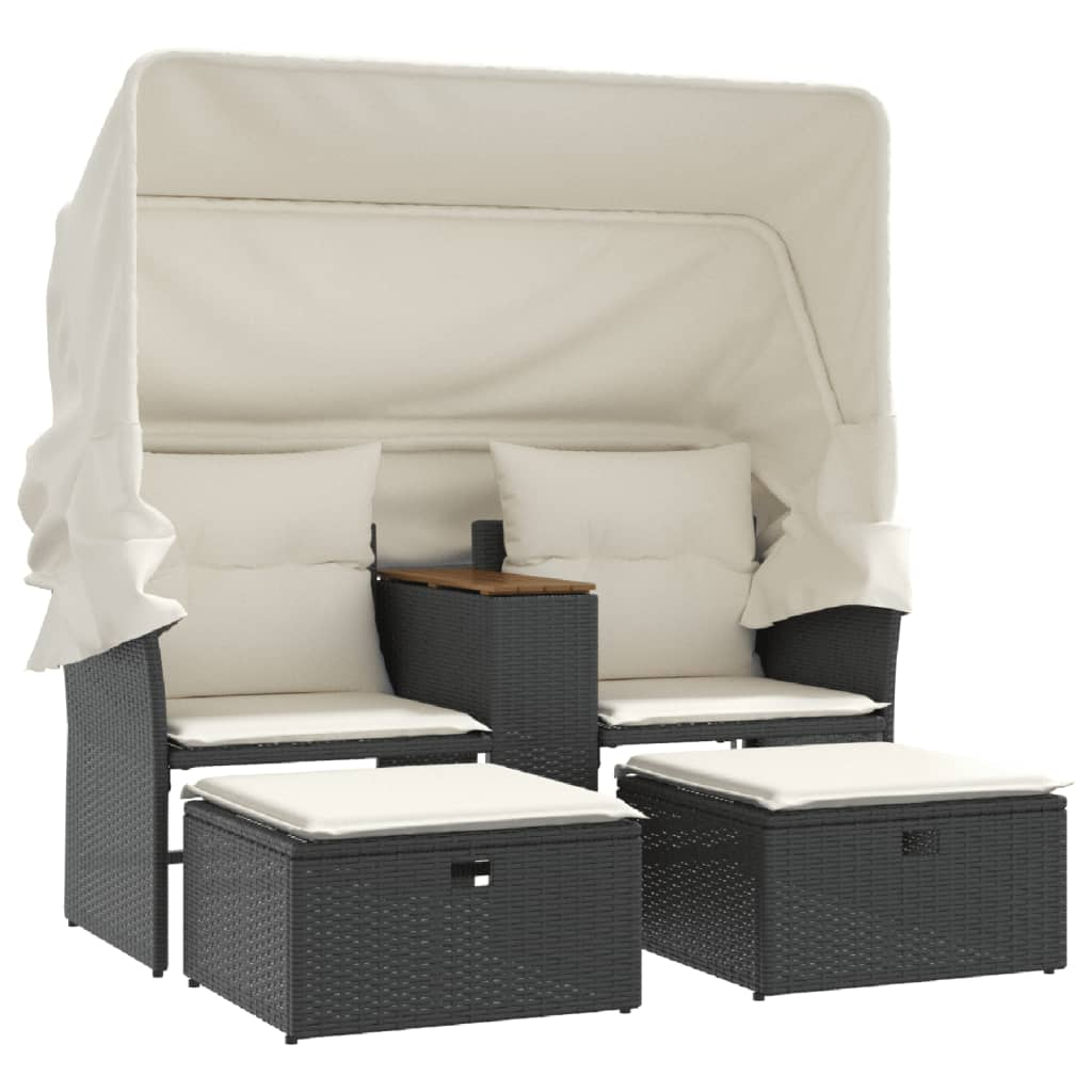 2 személyes fekete polyrattan kerti kanapé baldachinnal/székkel (365800)