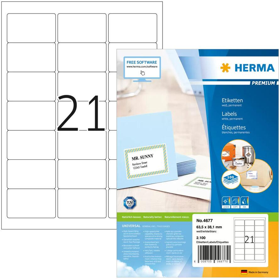 HERMA Adressetiketten A4 weiß 63,5x38,1 mm Papier 2100 St. (4677) (4677)