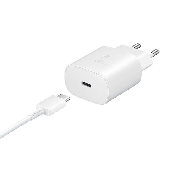Hálózati töltő adapter, 25W, USB Type-C aljzat, USB Type-C kábellel, PD 3.0, PDO / PPS, gyorstöltés, Samsung, fehér, gyári (RS110084)