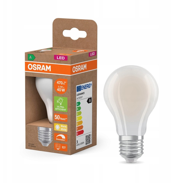 OSRAM LED standard mat 470lm 2,2W/827 (40W) E27 energiklasse A dæmpbar