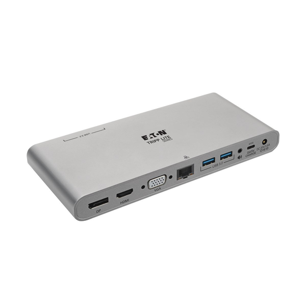 USB-C Dokkoló, Három Kijelző - 4K HDMI/DisplayPort, VGA, USB 3.2 Gen 1, USB-A/USB-C Hub, GbE, 100W PD Töltés, Nemzetközi Tápkábelek