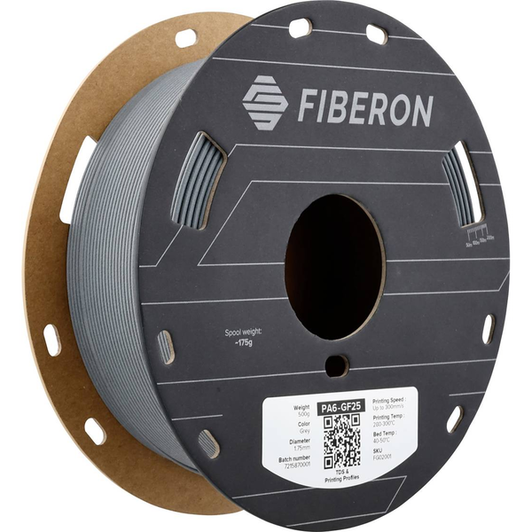 Polymaker Fiberon PA6-GF25 3D nyomtatószál PA6-GF Üvegszál erősítéssel, hőálló, késedelem nélkül 1.75 mm 500 g Szürke 1 db (FG02001)