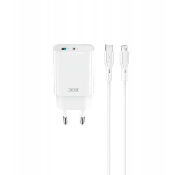 Wall Charger XO DESIGN CE30, 30W, 3A, 1 x USB-A - 1 x USB-C, with Lightning Cable, White