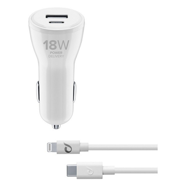 CELLULARLINE autós töltő USB / Type-C aljzat (5V / 3000 mA, 18+12W, gyorstöltés + Type-C - lightning 8pin kábel) FEHÉR (CBRIPHKITC2L2PD30W)