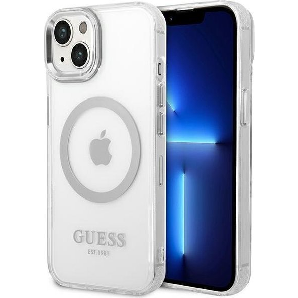Guess Metal Outline Magsafe Apple iPhone 14 Plus hátlap tok, ezüst (GUHMP14MHTRMS)