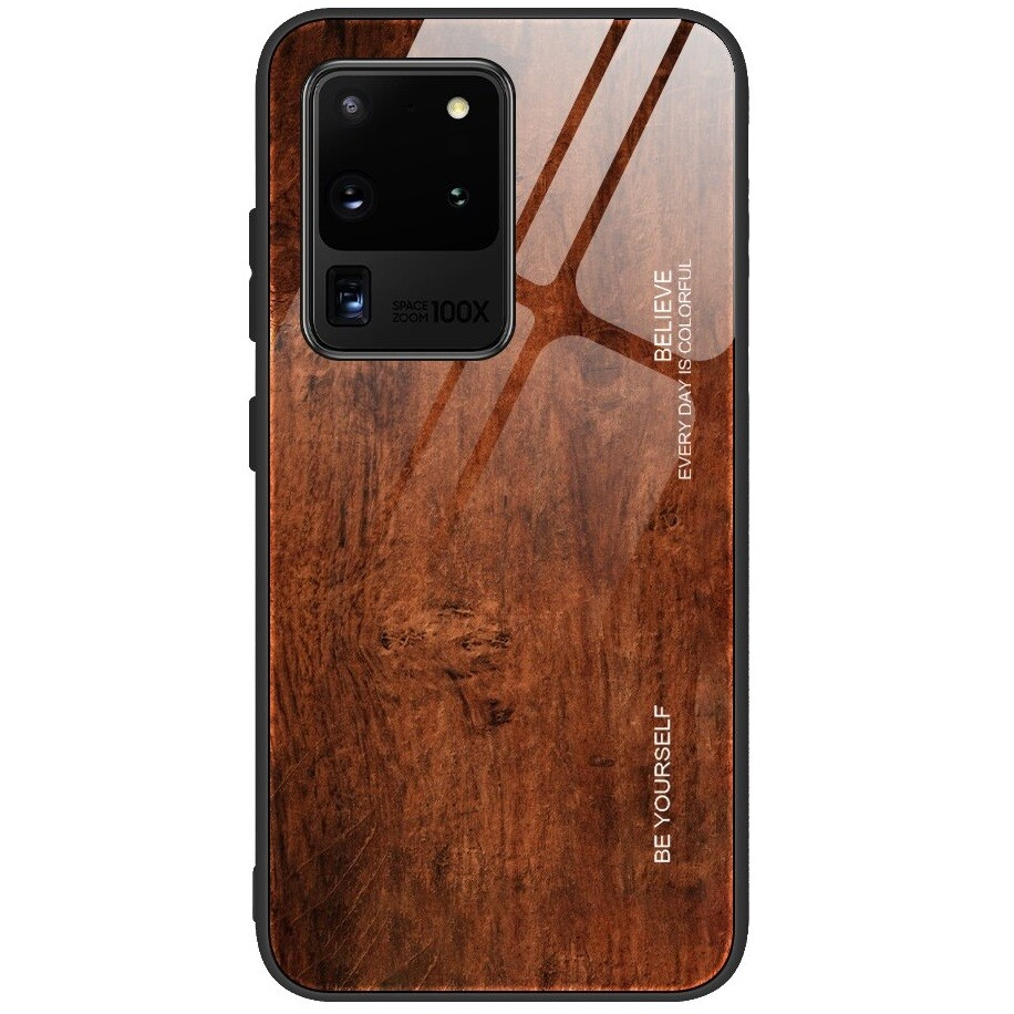Xiaomi Redmi 8A, Szilikon védőkeret, edzett üveg hátlap, fa minta, Wooze Wood, barna (91646)