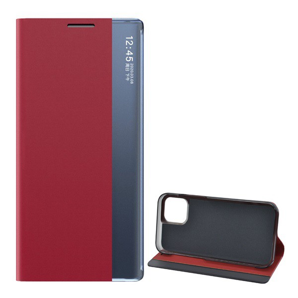 Tok álló, textil hatású (aktív FLIP, oldalra nyíló, asztali tartó funkció, Smart View Cover) PIROS [Apple iPhone 12 Pro Max] (5996591021331)