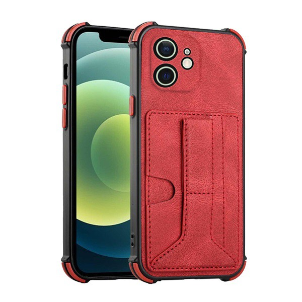 Szilikon telefonvédő (közepesen ütésálló, bőr hatású, bankkártya tartó, asztali tartó funkció + kézpánt) PIROS [Apple iPhone 12] (5996591108049)
