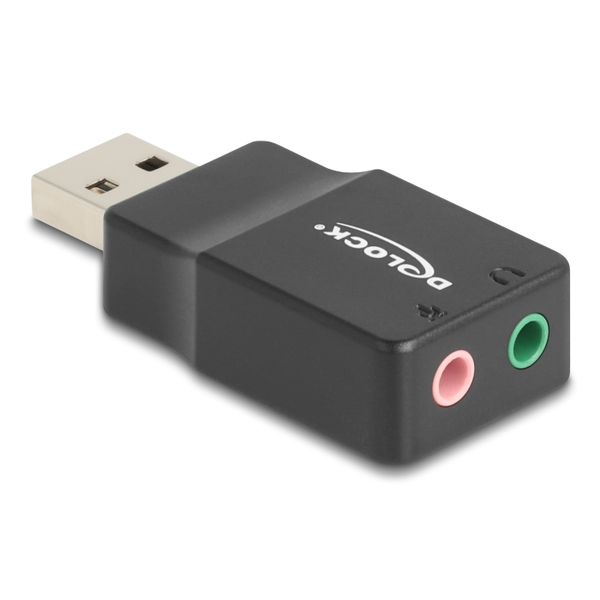 Delock Külső USB hangkártya 2 x 3,5 mm-es sztereo jack Plug & Play audio adapterrel személyi számítógépekhez, laptopokhoz és Mac rendszerekhez fekete (66634)