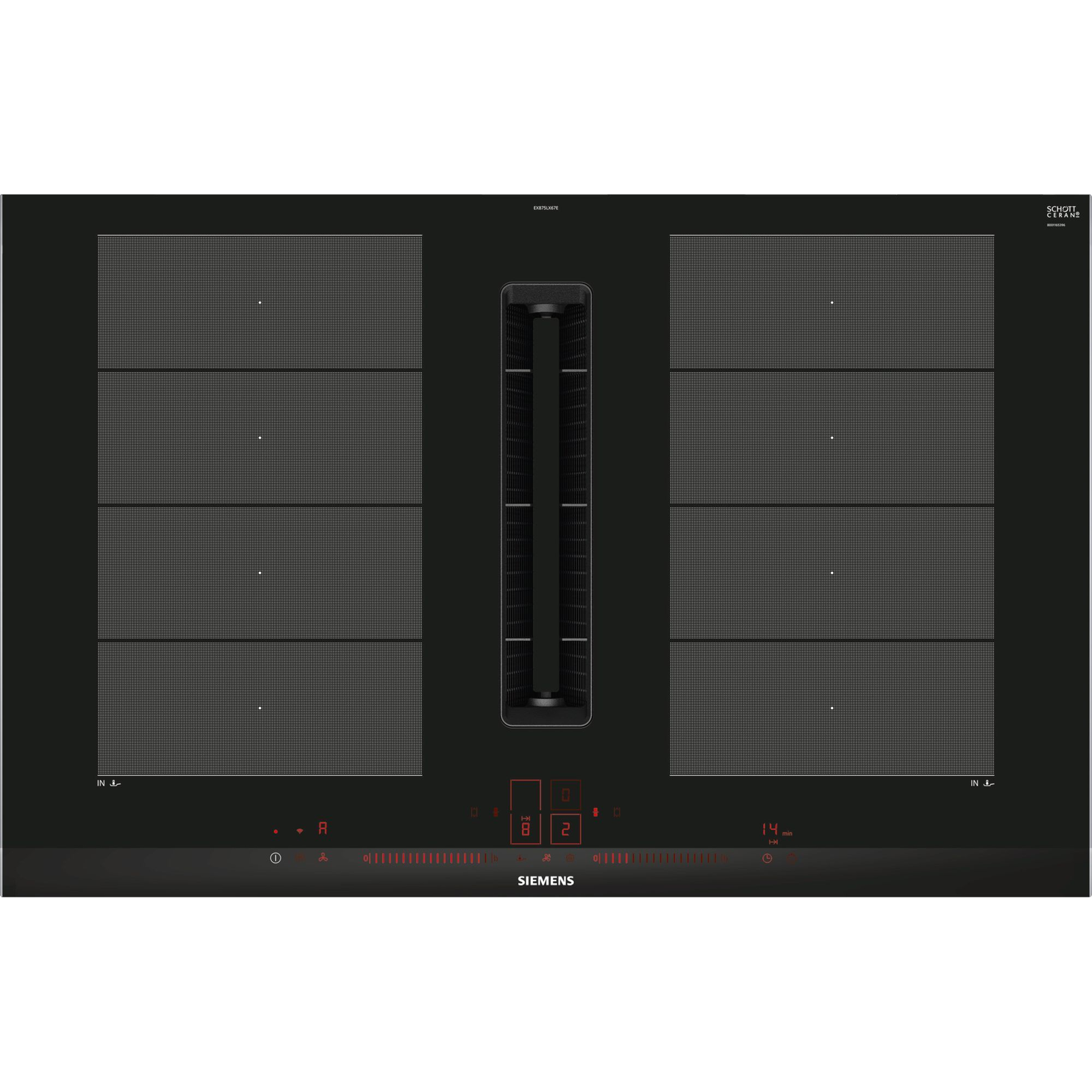 Siemens iQ700 EX875LX67E főzőlap Fekete, Rozsdamentes acél Beépített 80 cm Zónás indukciós főzőlap 4 zóna Beépített kapucni (199709)