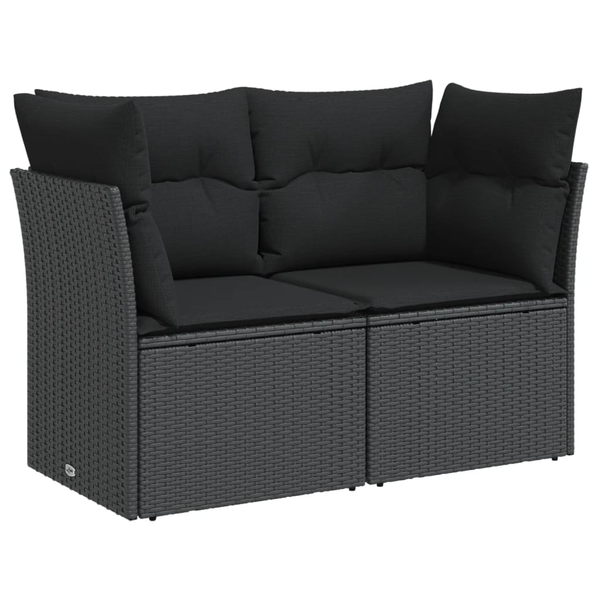 2 személyes fekete polyrattan kerti kanapé párnával