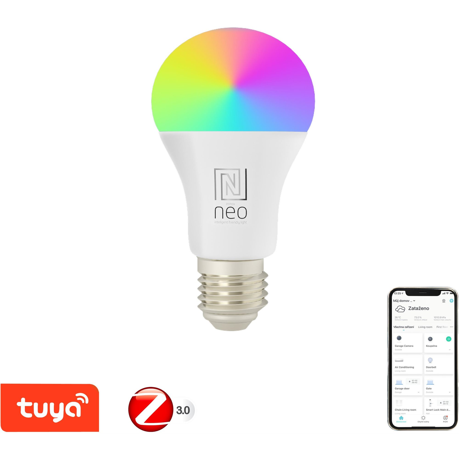 IMMAX NEO Smart izzó LED E27 11W RGB+CCT színes és fehér, dimmelhető, Zigbee (07743L)