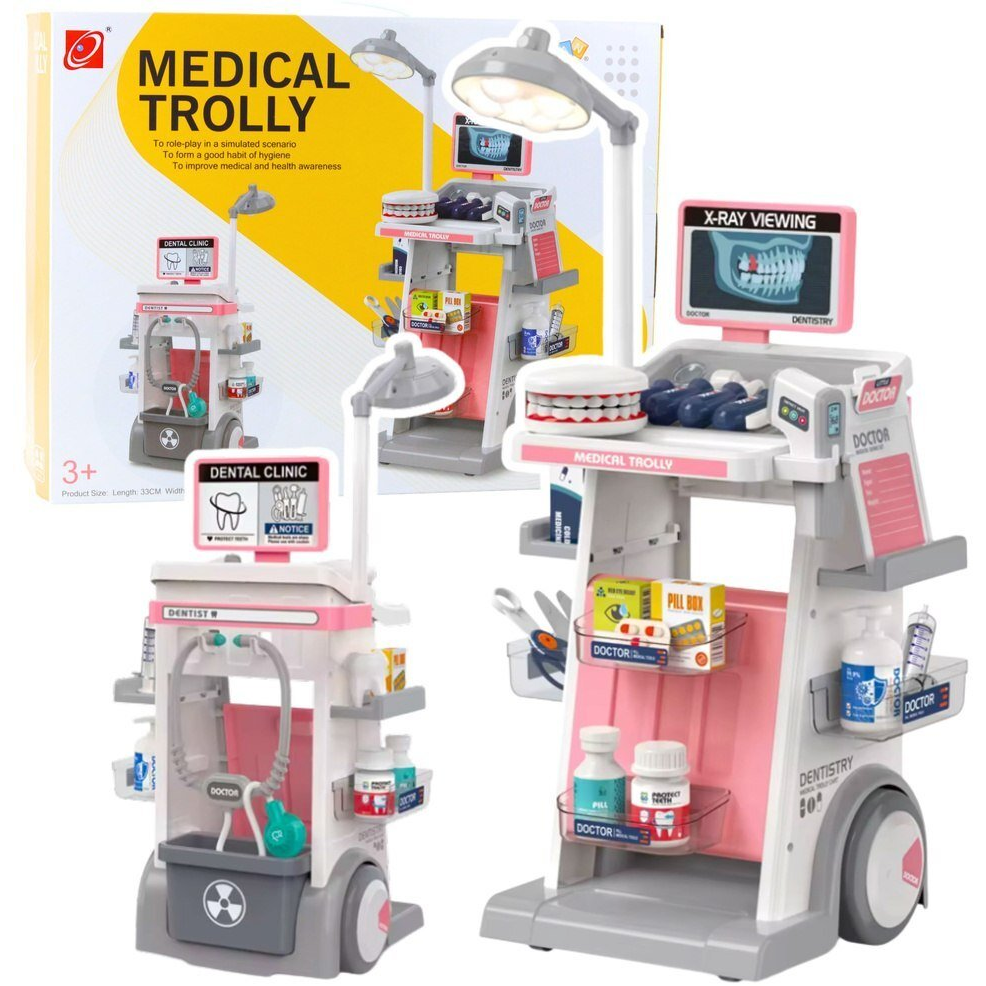 Lean Toys Orvosi Fogorvosi Készlet Orvosi Kocsi Világítással Rózsaszín 26 db