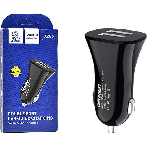 Ładowarka Vega ŁADOWARKA SAMOCHODOWA 3A CZARNA DENMEN 3100mA DUAL FAST CHARGING DZ06 2XUSB 15W>
