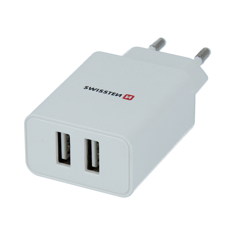 Swissten 22051000 2x USB Type-A Smart IC Hálózati töltő + 1.2m Micro USB Type-B kábel - Fehér (5V / 2.1A) (SW-SET-2X2.1AWCM-WH)