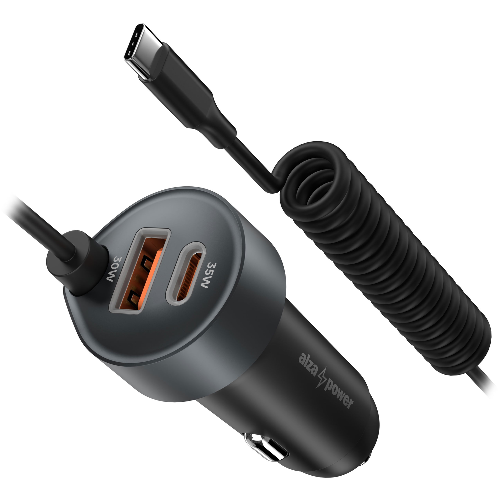 AlzaPower autós töltő X565 USB-A + USB-C + kábel Power Delivery 65W ezüst (APW-CC2PD01CS)
