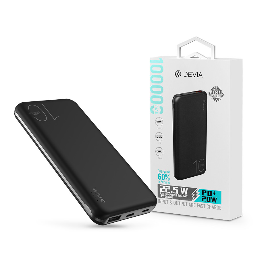 Univerzális hordozható, asztali akkumulátor töltő - Devia Smart Series 22.5W Full Compatible Power Bank - USB + Type-C + microUSB + PD - 10.000 mAh - fekete (ST354441)