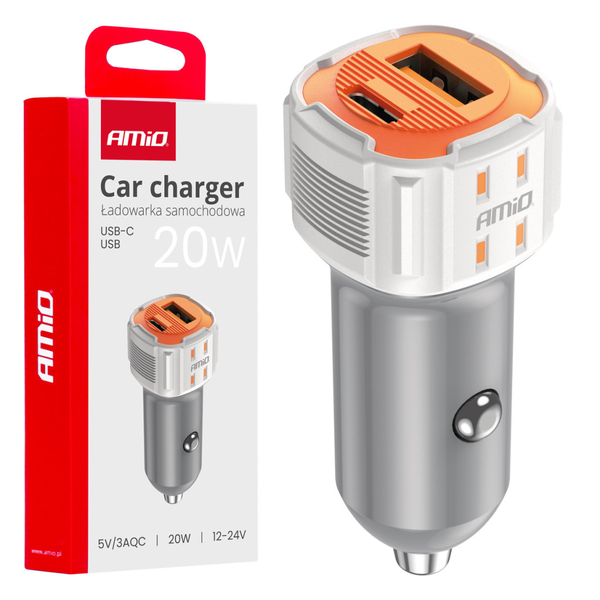 AMiO USB + USB-C Szivargyújtós Töltő 20W 12/24V (0503882)